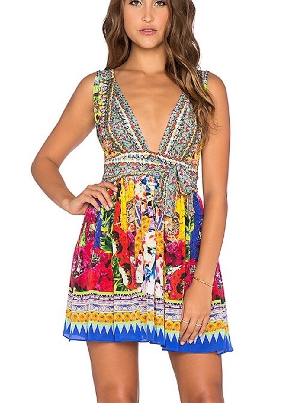 Camilla Multicolor Floral V-Neck Mini Dress with Blue Trim